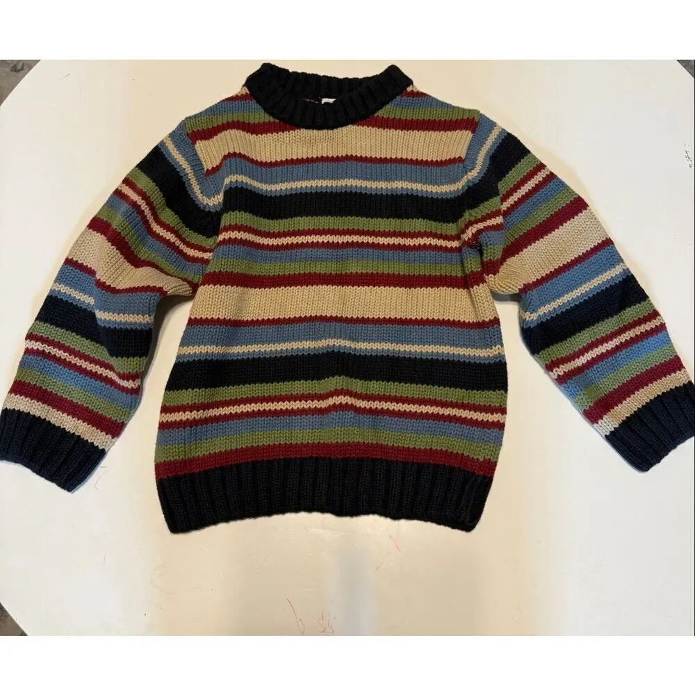 Gymboree Size 5 Mock Neck Sweater Blue Green Stripes 100% Cotton Preppy Classic